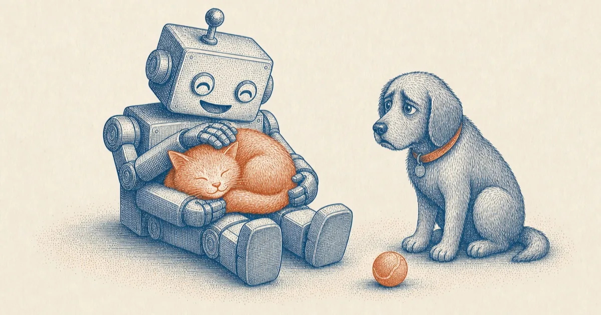 Engraving: a robot in an armchair strokes a sleeping cat while a dog sits nearby